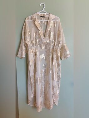MASIMO DUTTI Gold Floral Sheer Chiffon Maxi Kaftan Dress M Boho Wedding Festival